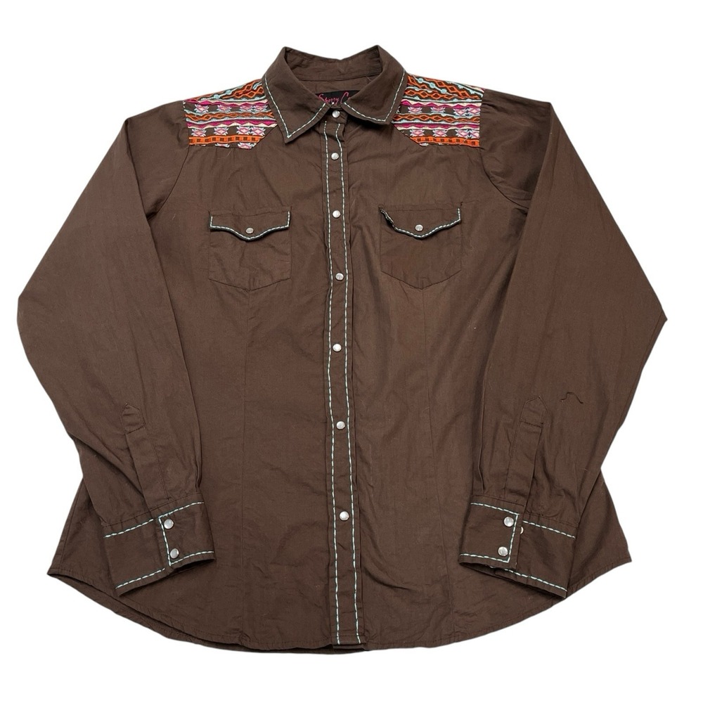Sherry Cervi x RU Shirt Womens XL Brown Embroidered Button Down Aztec Western